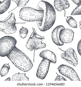 Vector seamless pattern with hand drawn forest mushrooms with fall leaves, acorn. Beautiful autumn endless illustration in sketch style for coloring book, textile, package.