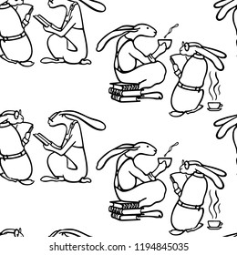 Vector seamless pattern with  hand drawn hares reading books and drinking hot tea. Beautiful ink drawing, sperfect for printa and patterns