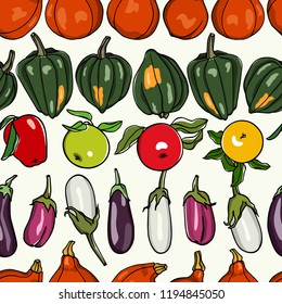 Vector seamless pattern with hand drawn apples, pumpkins and eggplants. Ink drawing, beautiful vegetarian design elements.