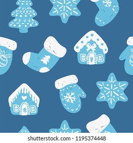 Vector seamless pattern with hand drawn doodle Christmas trees forest, gloves, socks, houses and snowflakes.