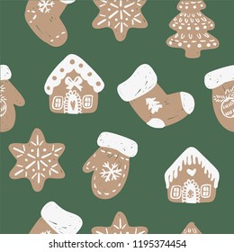 Vector seamless pattern with hand drawn doodle Christmas trees forest, gloves, socks, houses and snowflakes.