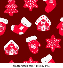Vector seamless pattern with hand drawn doodle Christmas trees forest, gloves, socks, houses and snowflakes.