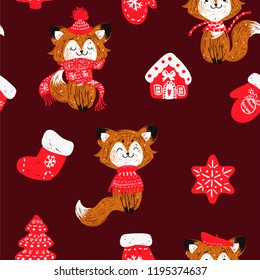 Vector seamless pattern with hand drawn doodle Christmas trees forest, socks. Foxes in a scarf.