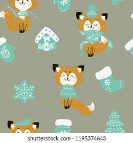 Vector seamless pattern with hand drawn doodle Christmas trees forest, socks. Foxes in a scarf.