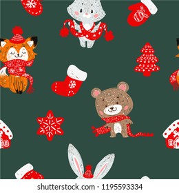 Vector seamless pattern with hand drawn doodle Christmas trees forest, socks. Rabbit bunny, fox and bear in a scarf.