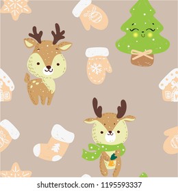 Vector seamless pattern with hand drawn doodle Christmas trees forest, socks. deer in a scarf.