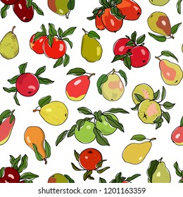 Vector seamless pattern with hand drawn apples and pears. Beautiful food design elements. Ink drawing, perfect for prints and patterns