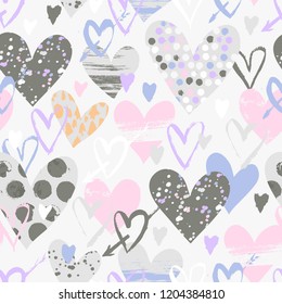 Vector seamless pattern with hand drawn hearts for Valentine day. Love background with doodle hearts, dots. Romantic hand drawn vector doodle Valentines day background. Colorful love texture with dots