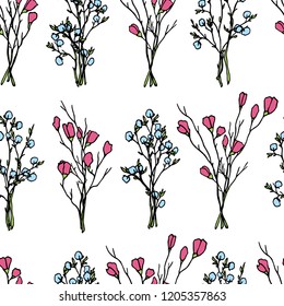 Vector seamless pattern with hand drawn graceful flowers. Beautiful floral design elements, perfect for prints and patterns