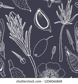 vector seamless pattern with hand drawn floral elements on a dark background - Shutterstock ID 1206066868