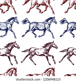 Vector seamless pattern with hand drawn running thoroughbred horses. Beautiful design elements, charcoal drawing