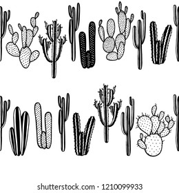 Vector seamless pattern with hand drawn cactus. Beautiful floral design elements, perfect for prints and patterns