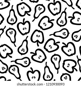 Vector seamless pattern with hand drawn pears and apples. Beautiful ink drawing, heavy contour, graphic style. Food design elements.