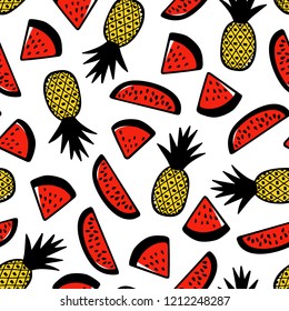 Vector seamless pattern with hand drawn pineapples and watermelons. Beautiful ink drawing, heavy contour, graphic style. Food design elements.