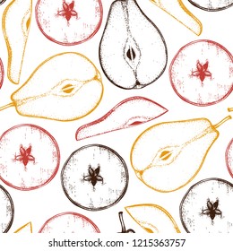 Vector seamless pattern with hand drawn pear tree. Hand drawn illustration. Engraved fruit background. Vintage design.