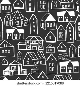 Vector  seamless pattern with  hand drawn houses