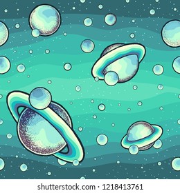 Vector seamless pattern with hand drawn abstract space illustrations.
