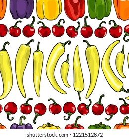 Vector seamless pattern with  hand drawn pepper cultivars. Ink drawing, beautiful vegetarian design elements.