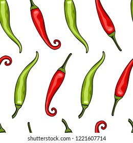 Vector seamless pattern with  hand drawn Tabasco peppers. Ink drawing, beautiful vegetarian design elements.