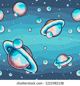 Vector seamless pattern with hand drawn abstract space illustrations.