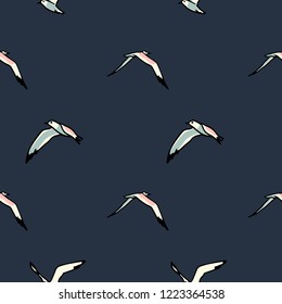 Vector seamless pattern with  hand drawn flying seagulls. Ink drawing, beautiful animal design elements.