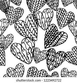 Vector seamless pattern of hand drawn hearts with stylized imitation knitted Jersey. Black on white . For valentine , wedding , love, romantic design.
