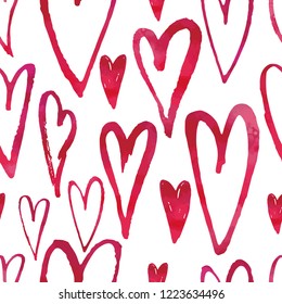 Vector seamless pattern with hand drawn simple red hearts with watercolor effect. Pretty , cute ornament for valentine, romantic, wedding design.