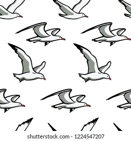 Vector seamless pattern with  hand drawn flying seagulls. Ink drawing, beautiful animal design elements.