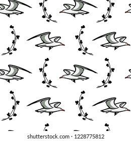 Vector seamless pattern with  hand drawn flying seagulls and floral laurel. Ink drawing, beautiful animal design elements.