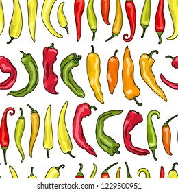 Vector seamless pattern with  hand drawn peppers. Ink drawing, beautiful vegetarian design elements.