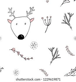 Vector seamless pattern with hand drawn deer and Christmas elements