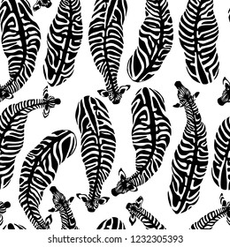 Vector seamless pattern with  hand drawn zebras seen from above. Ink drawing, beautiful animal design elements.