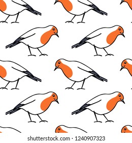 Vector seamless pattern with hand drawn cute robins. Ink drawing, beautiful animal design elements.