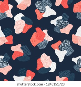 Vector seamless pattern with hand drawn abstract shapes. Textured figures. Unique design. Creative background. Applique. It looks like cloth scraps. Wallpaper, textile, wrapping, print on clothes