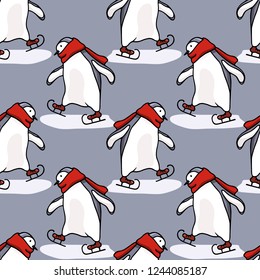 Vector seamless pattern with hand drawn cute penguins skating on ice in red scarf. Ink drawing, funny illustration, beautiful animal design elements.