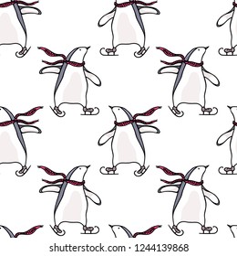 Vector seamless pattern with hand drawn cute penguins skating on ice. Ink drawing, funny illustration, beautiful animal design elements.