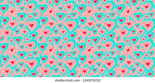 Vector seamless pattern hand drawn blue, pink and red hearts in white outlines. Background for baby bedding, textile, wallpaper, wrapping, card, cover page, web site, banner, typographic print.