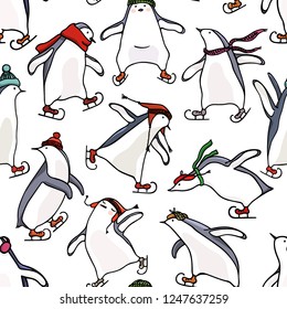 Vector seamless pattern with hand drawn cute penguins skating on ice. Ink drawing, funny illustration, beautiful animal design elements.