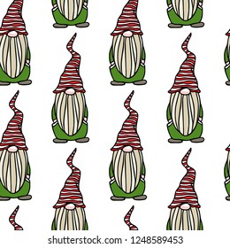 Vector seamless pattern with hand drawn cute nisse in striped high cap. Ink drawing, funny illustration, beautiful Christmas design elements. 