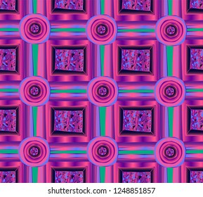 Vector seamless pattern hand drawn gradient neon purple rectangles and circles with a metallic finish and abstract ornament in the middle. Background for design, cover page, wall decor, banner, card.