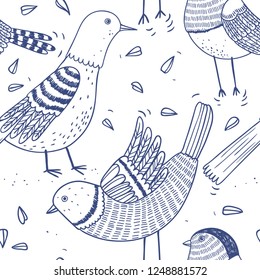 vector seamless pattern with hand drawn birds and sunflower seeds