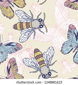 vector seamless pattern with hand drawn bees and butterflies