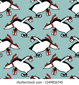 Vector seamless pattern with hand drawn cute penguins in red scarfs skating on ice with gift boxes. Ink drawing, funny illustration, beautiful holidays design elements.