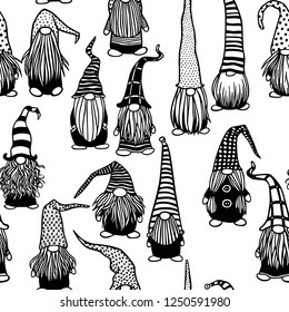 Vector seamless pattern with hand drawn cute nisse in patterned high caps. Ink drawing, funny illustration, beautiful Christmas design elements. 