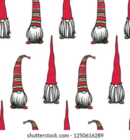Vector seamless pattern with hand drawn cute nisse in striped high cap. Ink drawing, funny illustration, beautiful Christmas design elements. 