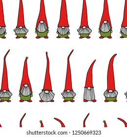 Vector seamless pattern with hand drawn cute nisse in striped high cap. Ink drawing, funny illustration, beautiful Christmas design elements. 