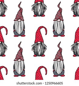 Vector seamless pattern with hand drawn cute nisse in striped high cap. Ink drawing, funny illustration, beautiful Christmas design elements. 