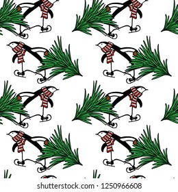 Vector seamless pattern with hand drawn cute penguins skating on ice with Christmas trees. Ink drawing, funny illustration, beautiful holidays design elements. 