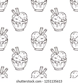 Vector seamless pattern with hand drawn Ice cream. Detailed retro style image. Vintage sketch element for labels, packaging and cards design. Modern background. Engraved style illustration.