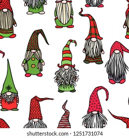 Vector seamless pattern with hand drawn cute nisse in striped high cap. Ink drawing, funny illustration, beautiful Christmas design elements. 